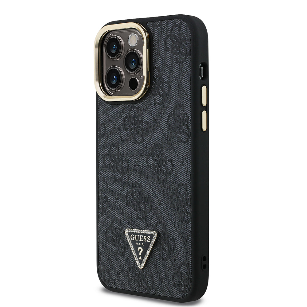 Apple iPhone 14 Pro Max Kılıf Guess Kamera Standlı M-Safe Özellikli Kapak Üçgen Logo 4G Desenli Siyah