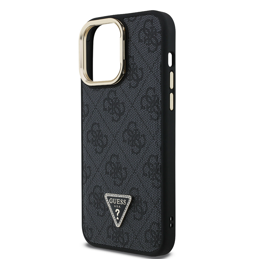 Apple iPhone 14 Pro Max Kılıf Guess Kamera Standlı M-Safe Özellikli Kapak Üçgen Logo 4G Desenli Siyah