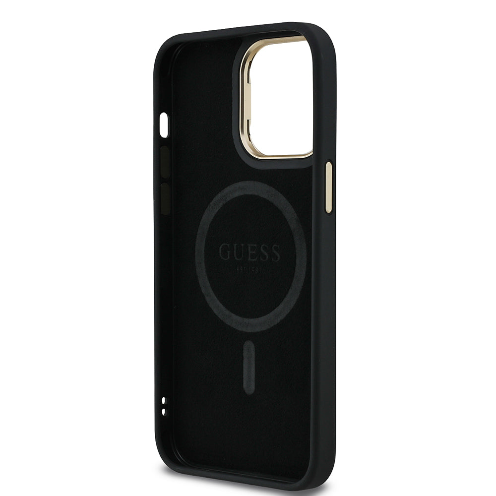 Apple iPhone 14 Pro Max Kılıf Guess Kamera Standlı M-Safe Özellikli Kapak Üçgen Logo 4G Desenli Siyah