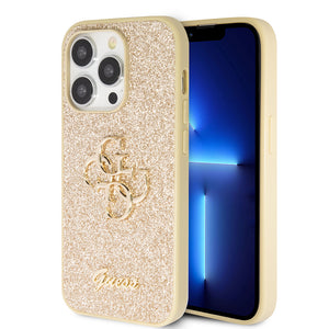 Apple iPhone 14 Pro Max Kılıf Guess 4G Büyük Metal Logolu Glitter Kapak Gold