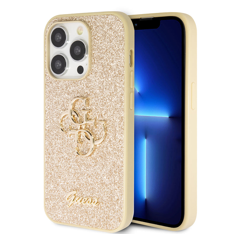 Apple iPhone 14 Pro Max Kılıf Guess 4G Büyük Metal Logolu Glitter Kapak Gold