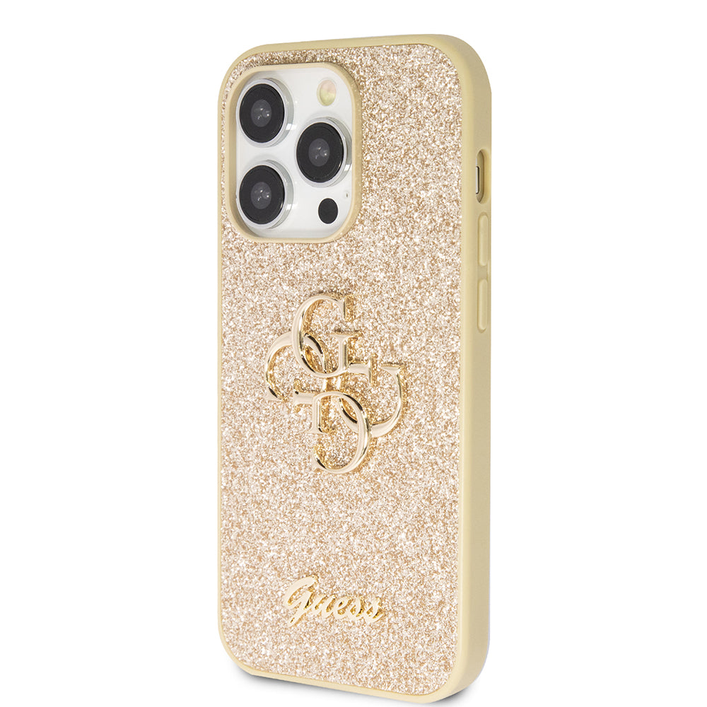 Apple iPhone 14 Pro Max Kılıf Guess 4G Büyük Metal Logolu Glitter Kapak Gold