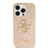 Apple iPhone 14 Pro Max Kılıf Guess 4G Büyük Metal Logolu Glitter Kapak Gold