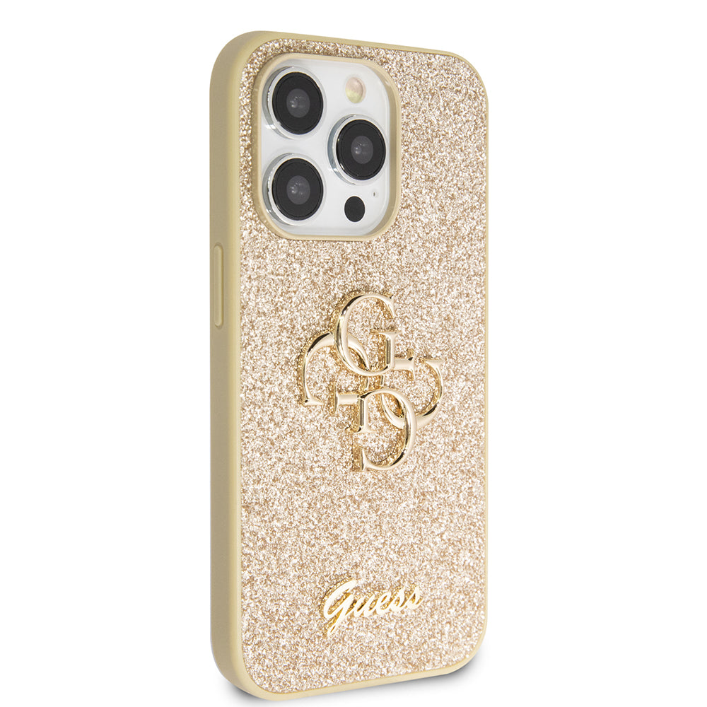Apple iPhone 14 Pro Max Kılıf Guess 4G Büyük Metal Logolu Glitter Kapak Gold