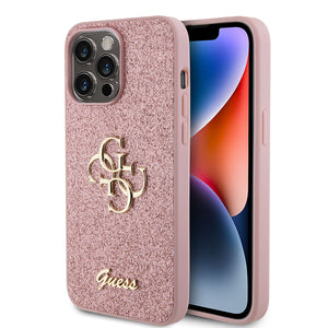 Apple iPhone 14 Pro Max Kılıf Guess 4G Büyük Metal Logolu Glitter Kapak Pembe