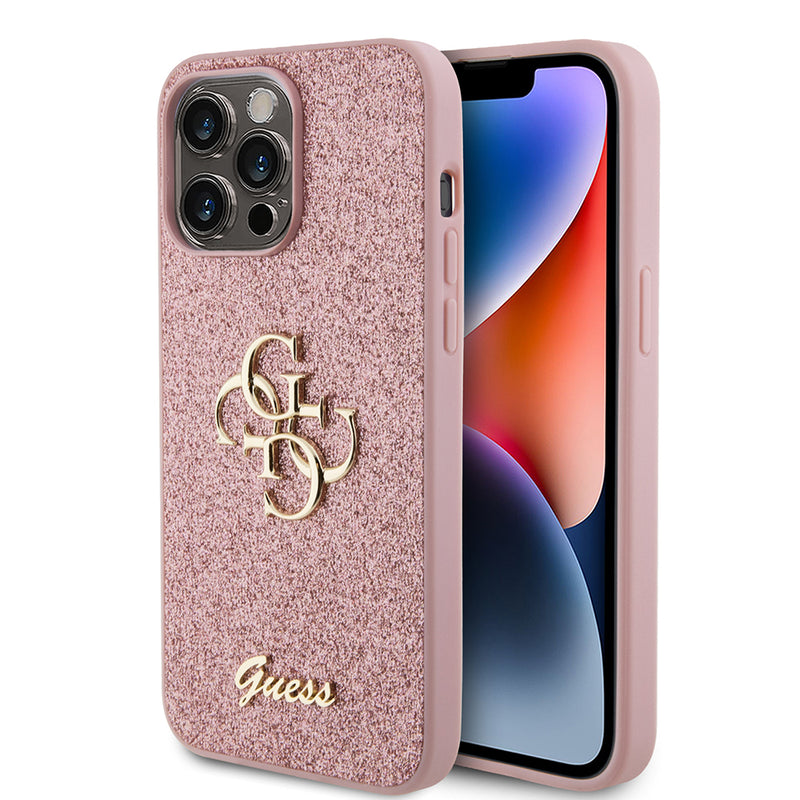 Apple iPhone 14 Pro Max Kılıf Guess 4G Büyük Metal Logolu Glitter Kapak Pembe