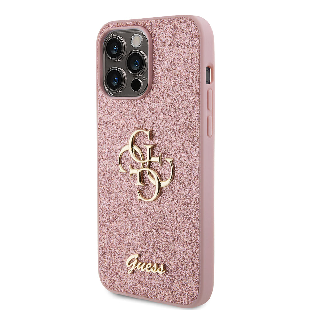 Apple iPhone 14 Pro Max Kılıf Guess 4G Büyük Metal Logolu Glitter Kapak Pembe