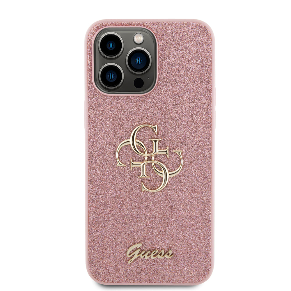 Apple iPhone 14 Pro Max Kılıf Guess 4G Büyük Metal Logolu Glitter Kapak Pembe