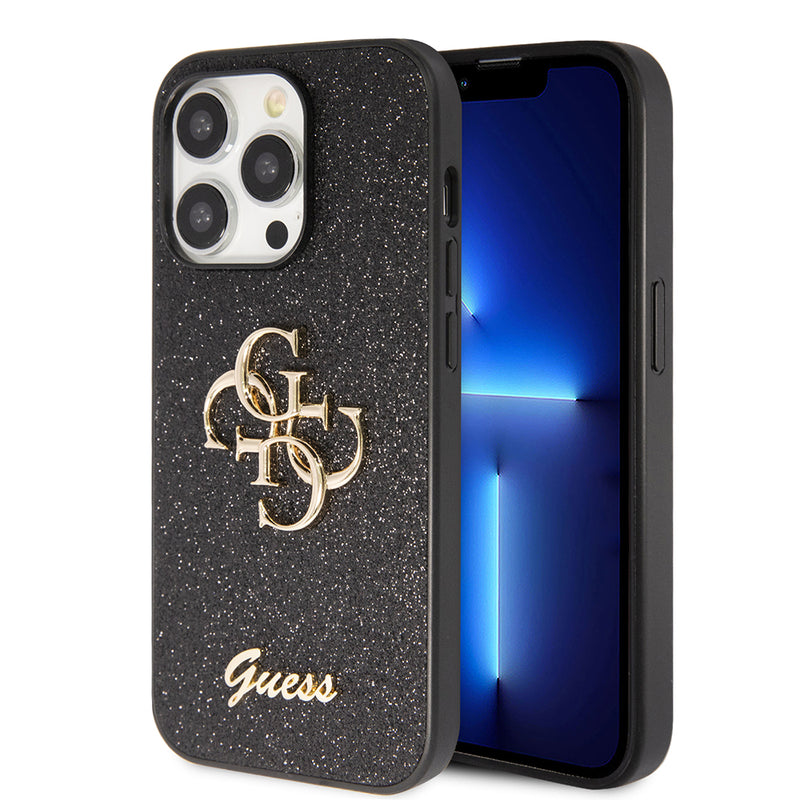 Apple iPhone 14 Pro Max Kılıf Guess 4G Büyük Metal Logolu Glitter Kapak Siyah