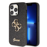 Apple iPhone 14 Pro Max Kılıf Guess 4G Büyük Metal Logolu Glitter Kapak Siyah