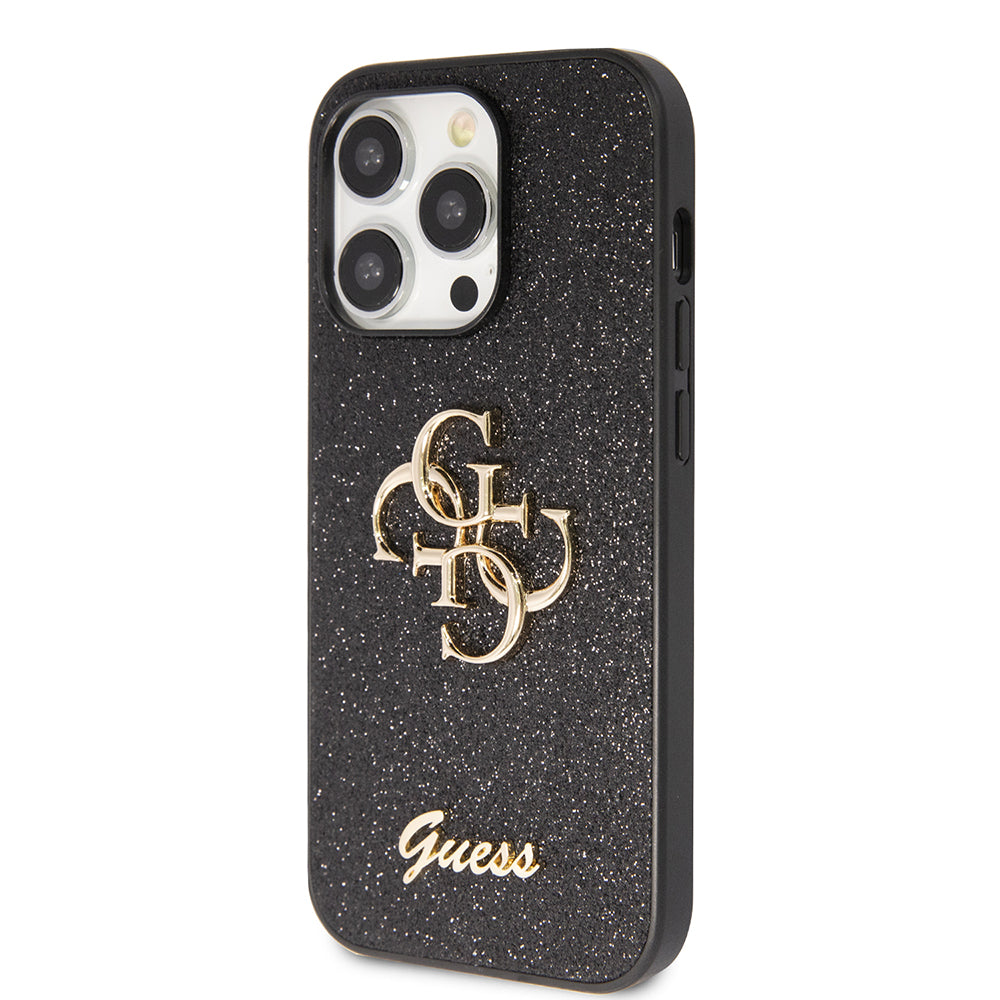 Apple iPhone 14 Pro Max Kılıf Guess 4G Büyük Metal Logolu Glitter Kapak Siyah