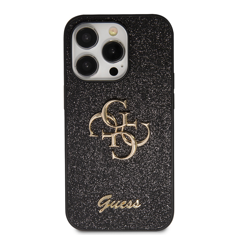 Apple iPhone 14 Pro Max Kılıf Guess 4G Büyük Metal Logolu Glitter Kapak Siyah