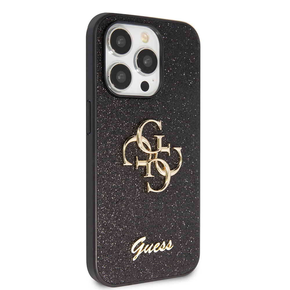 Apple iPhone 14 Pro Max Kılıf Guess 4G Büyük Metal Logolu Glitter Kapak Siyah