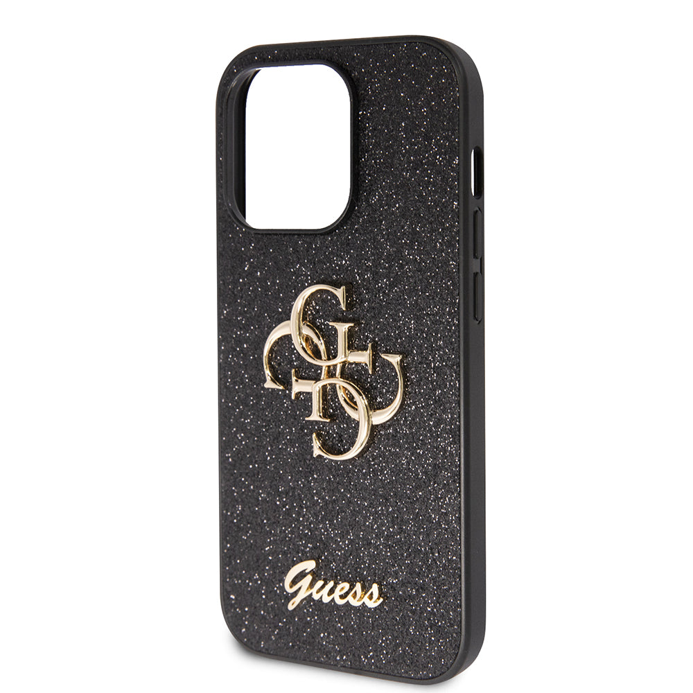Apple iPhone 14 Pro Max Kılıf Guess 4G Büyük Metal Logolu Glitter Kapak Siyah