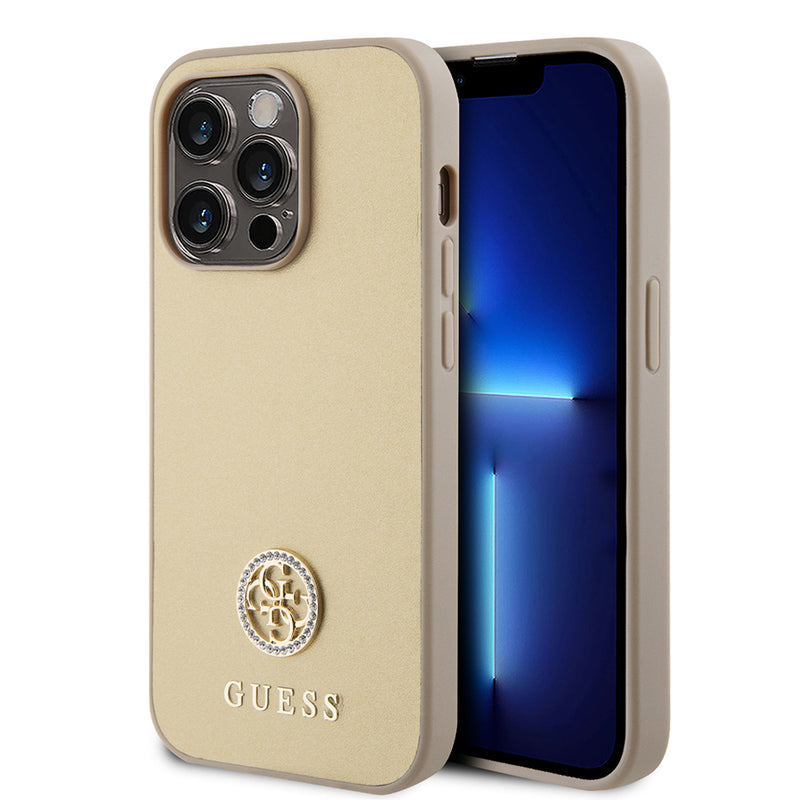Apple iPhone 14 Pro Max Kılıf Guess Deri 4G Metal Logolu Strass Kapak Gold