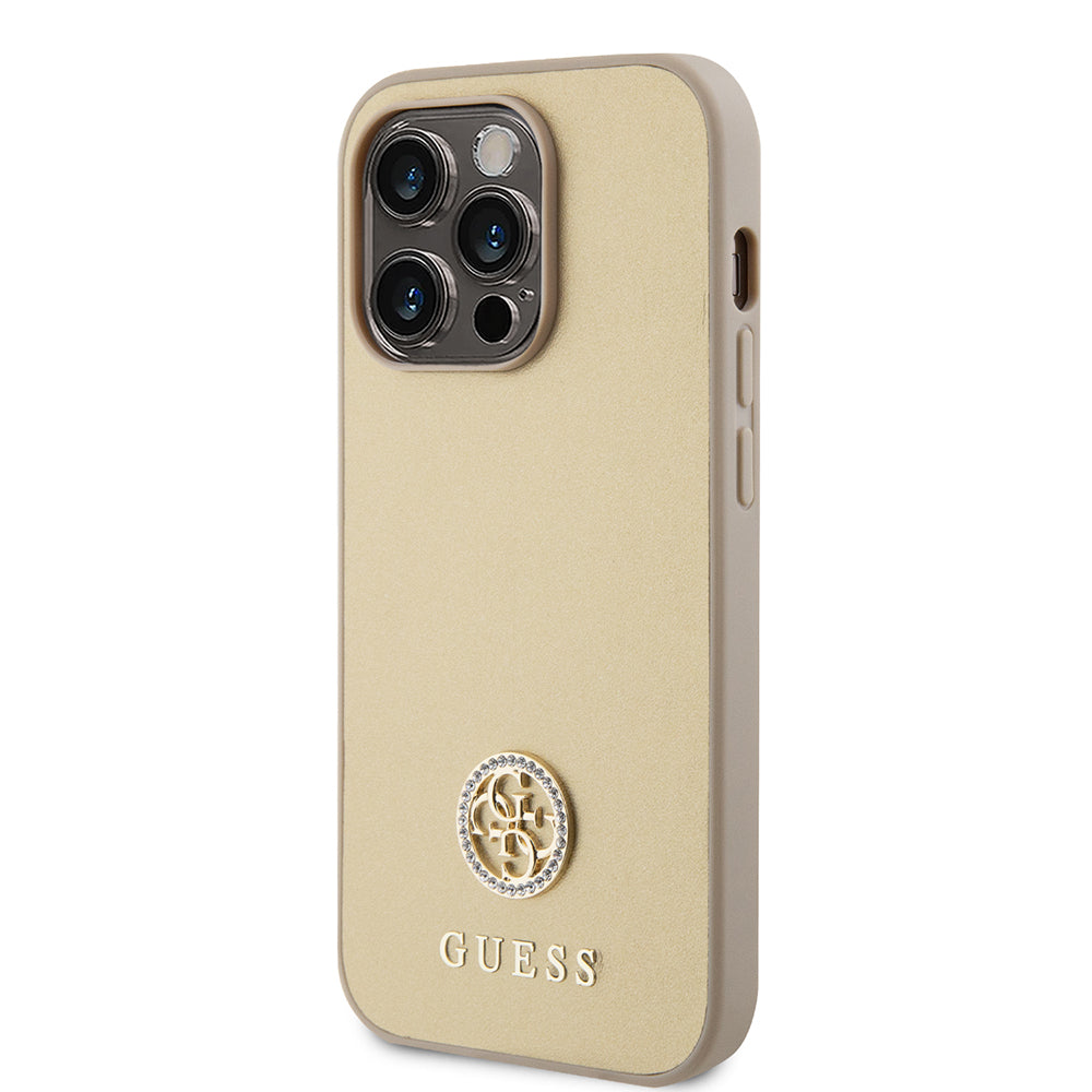 Apple iPhone 14 Pro Max Kılıf Guess Deri 4G Metal Logolu Strass Kapak Gold