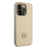 Apple iPhone 14 Pro Max Kılıf Guess Deri 4G Metal Logolu Strass Kapak Gold