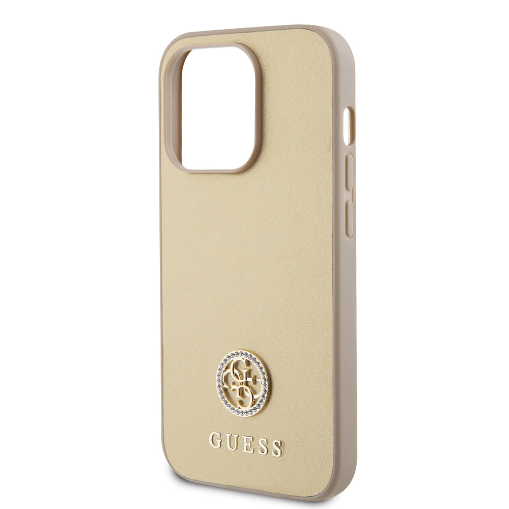 Apple iPhone 14 Pro Max Kılıf Guess Deri 4G Metal Logolu Strass Kapak Gold