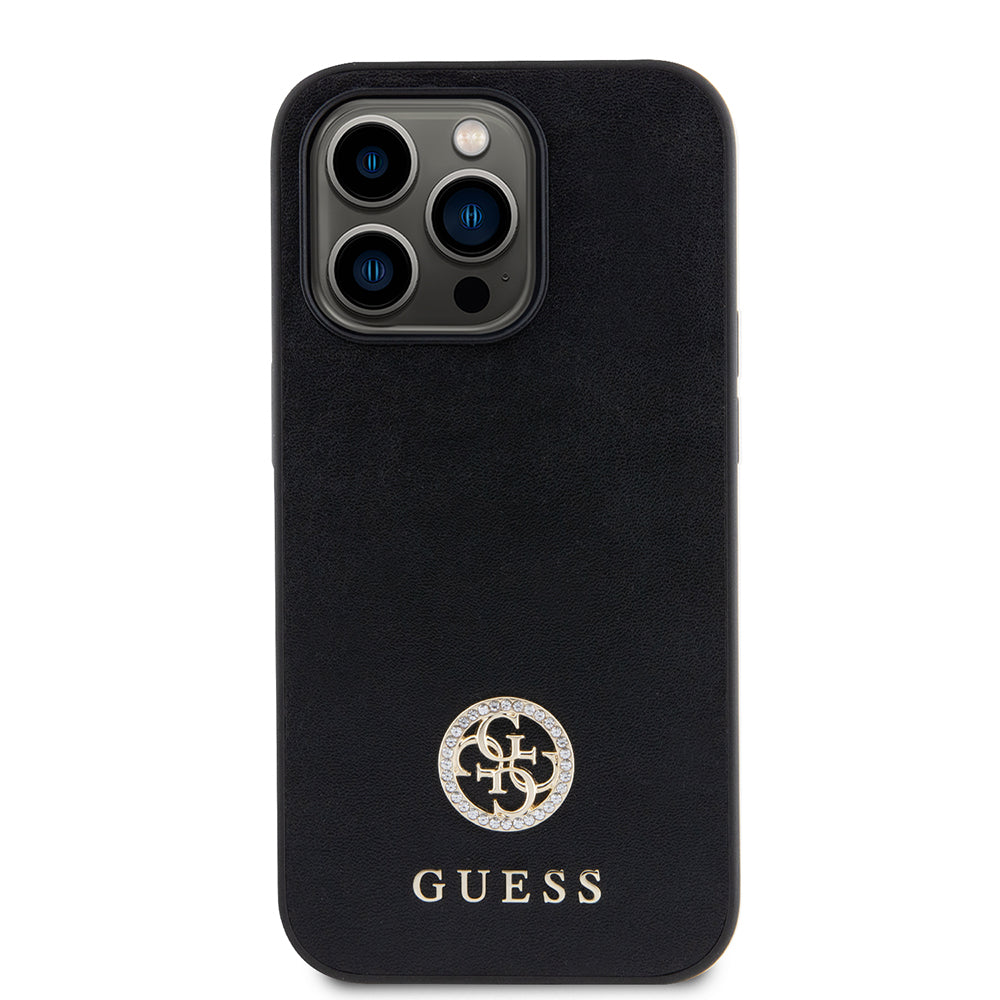 Apple iPhone 14 Pro Max Kılıf Guess Deri 4G Metal Logolu Strass Kapak Siyah