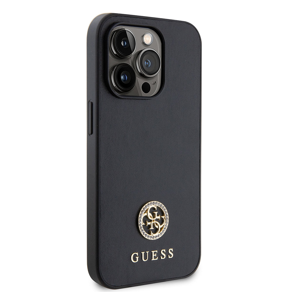 Apple iPhone 14 Pro Max Kılıf Guess Deri 4G Metal Logolu Strass Kapak Siyah