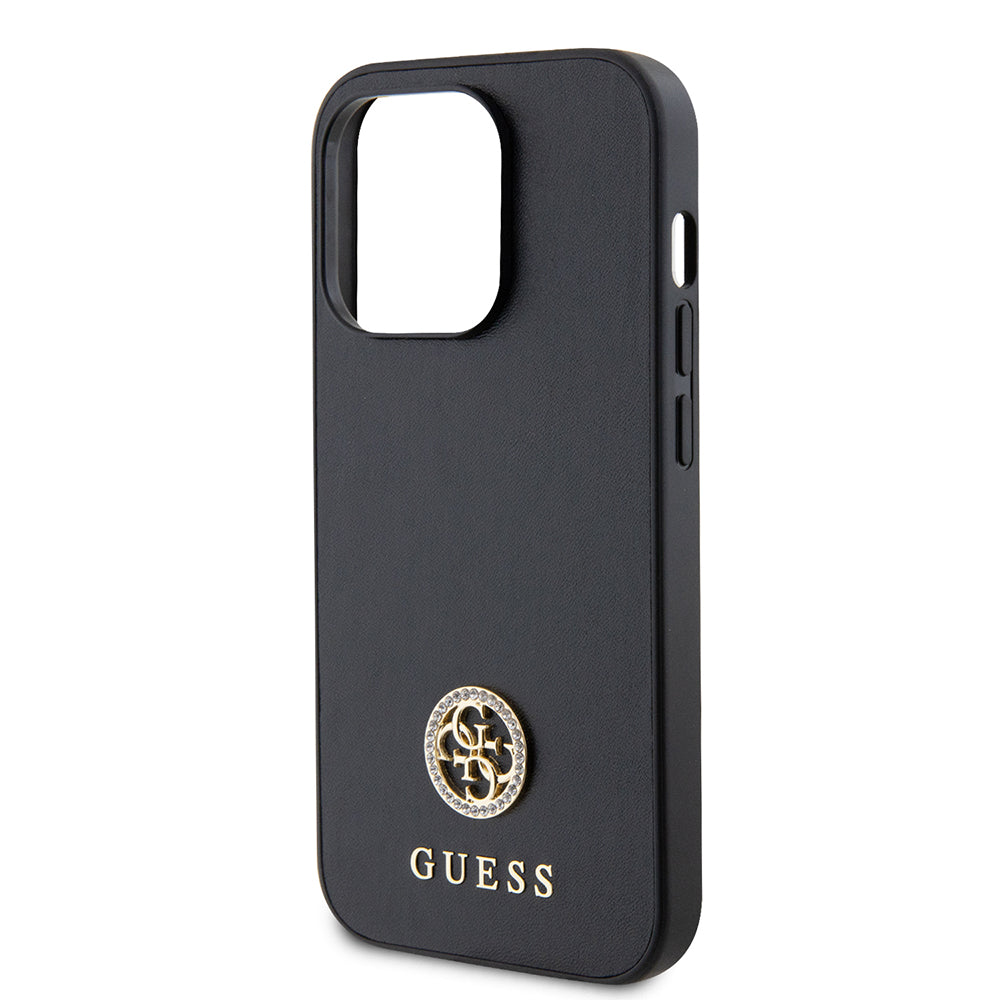 Apple iPhone 14 Pro Max Kılıf Guess Deri 4G Metal Logolu Strass Kapak Siyah