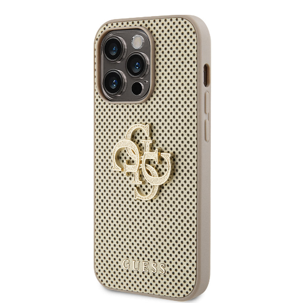 Apple iPhone 14 Pro Max Kılıf Guess Fileli 4G Glitter Büyük Metal Logolu Kapak Gold
