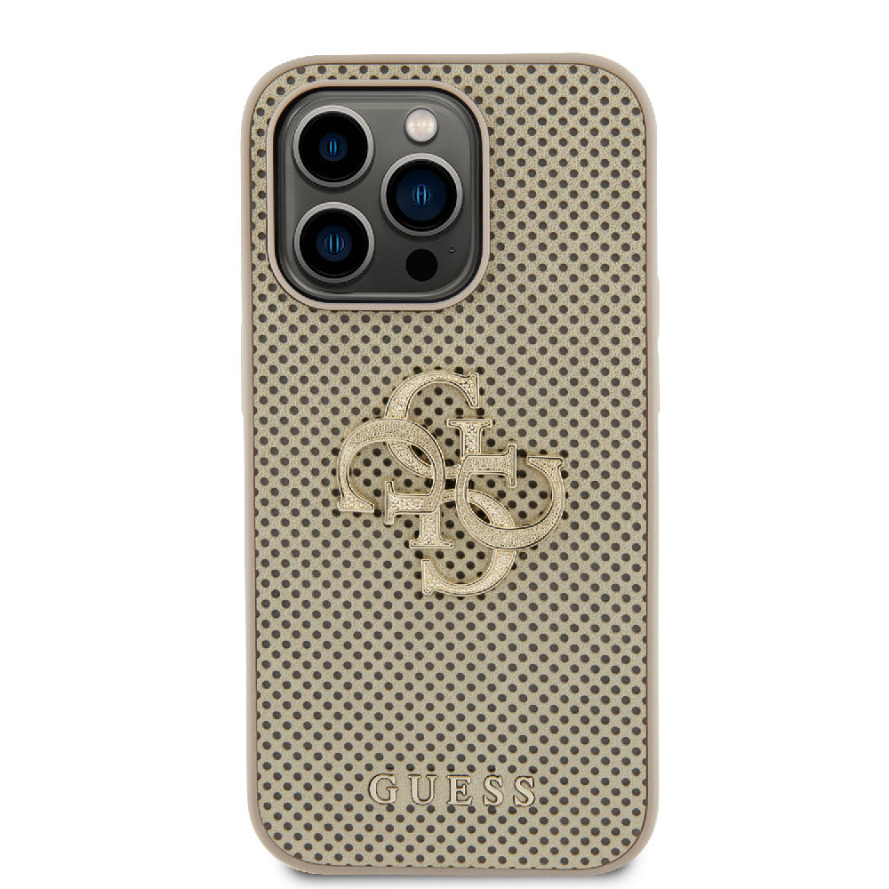 Apple iPhone 14 Pro Max Kılıf Guess Fileli 4G Glitter Büyük Metal Logolu Kapak Gold