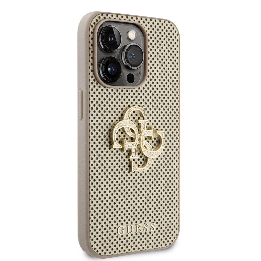 Apple iPhone 14 Pro Max Kılıf Guess Fileli 4G Glitter Büyük Metal Logolu Kapak Gold