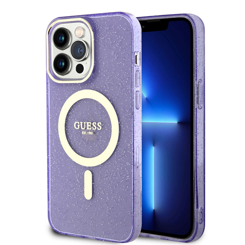 Apple iPhone 14 Pro Max Kılıf Guess Magsafe Şarj Özellikli Glitter Kapak Mor