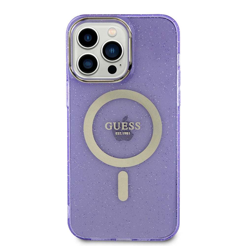 Apple iPhone 14 Pro Max Kılıf Guess Magsafe Şarj Özellikli Glitter Kapak Mor