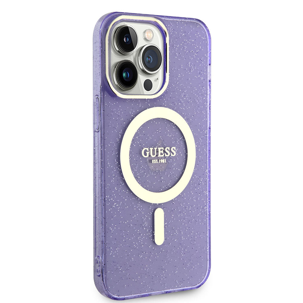 Apple iPhone 14 Pro Max Kılıf Guess Magsafe Şarj Özellikli Glitter Kapak Mor