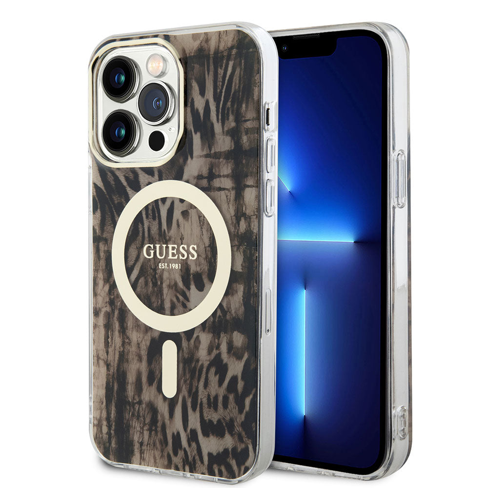 Apple iPhone 14 Pro Max Kılıf Guess Magsafe Şarj Özellikli Leopar Desenli Kapak Kahverengi