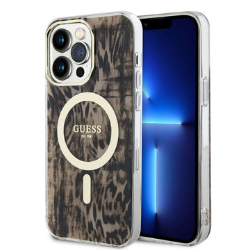 Apple iPhone 14 Pro Max Kılıf Guess Magsafe Şarj Özellikli Leopar Desenli Kapak Kahverengi