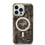 Apple iPhone 14 Pro Max Kılıf Guess Magsafe Şarj Özellikli Leopar Desenli Kapak Kahverengi