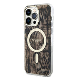 Apple iPhone 14 Pro Max Kılıf Guess Magsafe Şarj Özellikli Leopar Desenli Kapak Kahverengi