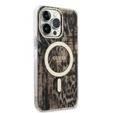 Apple iPhone 14 Pro Max Kılıf Guess Magsafe Şarj Özellikli Leopar Desenli Kapak Kahverengi