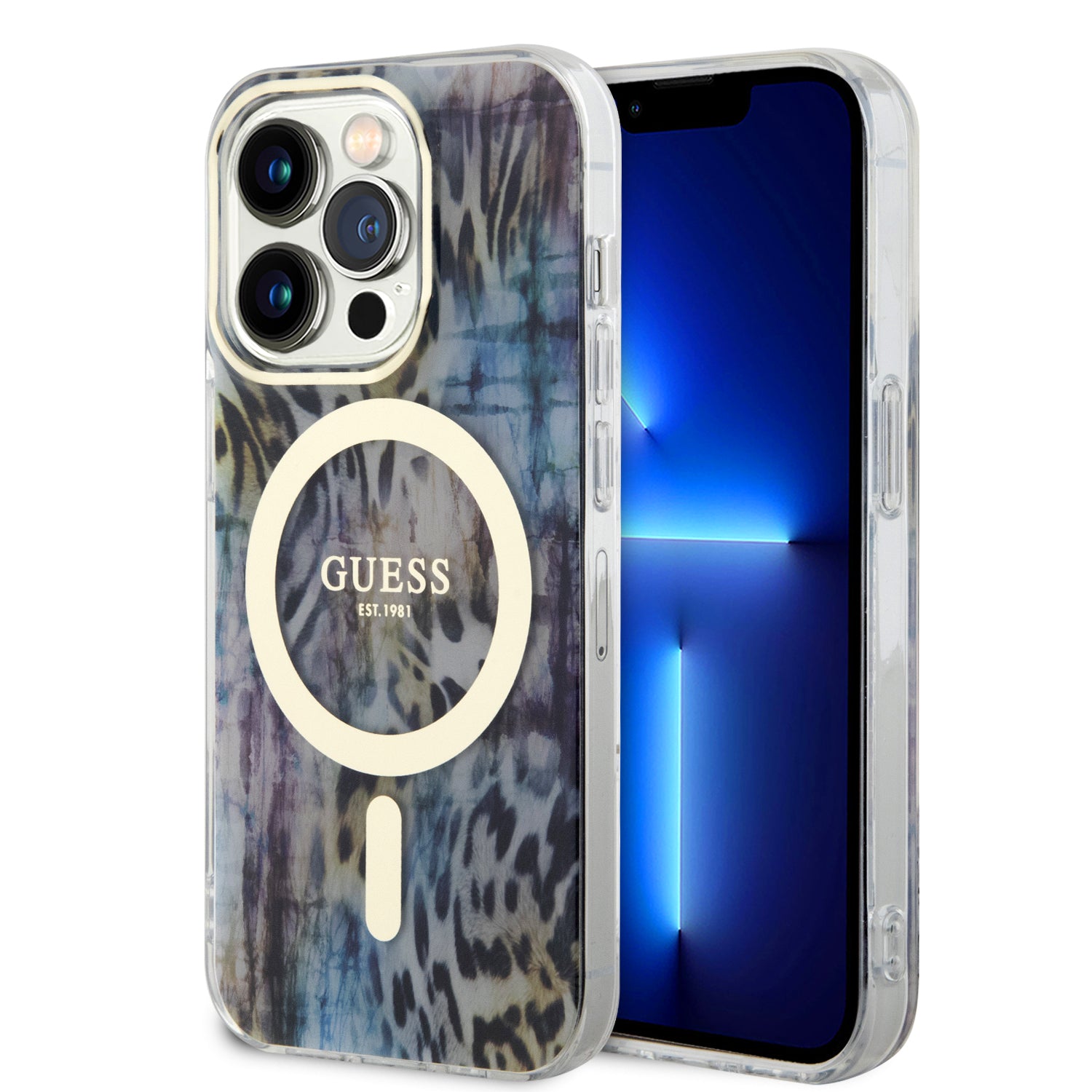 Apple iPhone 14 Pro Max Kılıf Guess Magsafe Şarj Özellikli Leopar Desenli Kapak Mavi