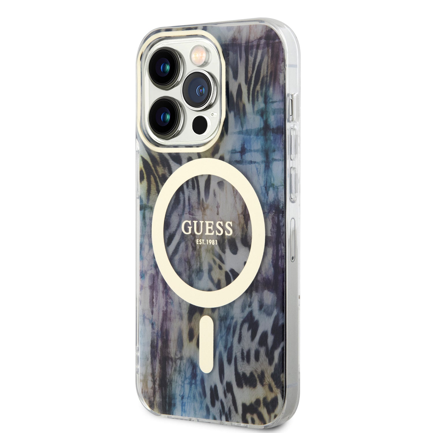 Apple iPhone 14 Pro Max Kılıf Guess Magsafe Şarj Özellikli Leopar Desenli Kapak Mavi