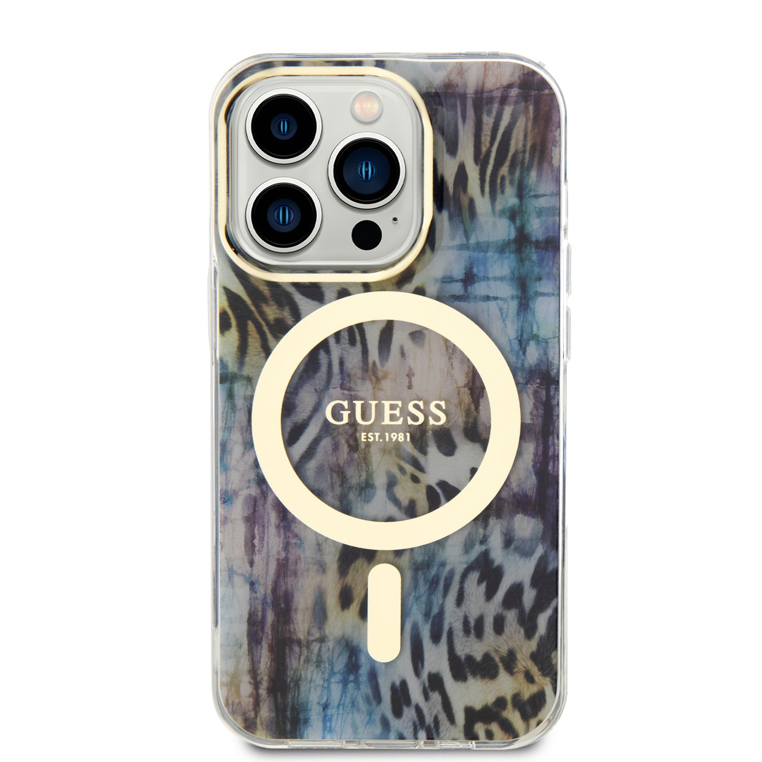 Apple iPhone 14 Pro Max Kılıf Guess Magsafe Şarj Özellikli Leopar Desenli Kapak Mavi