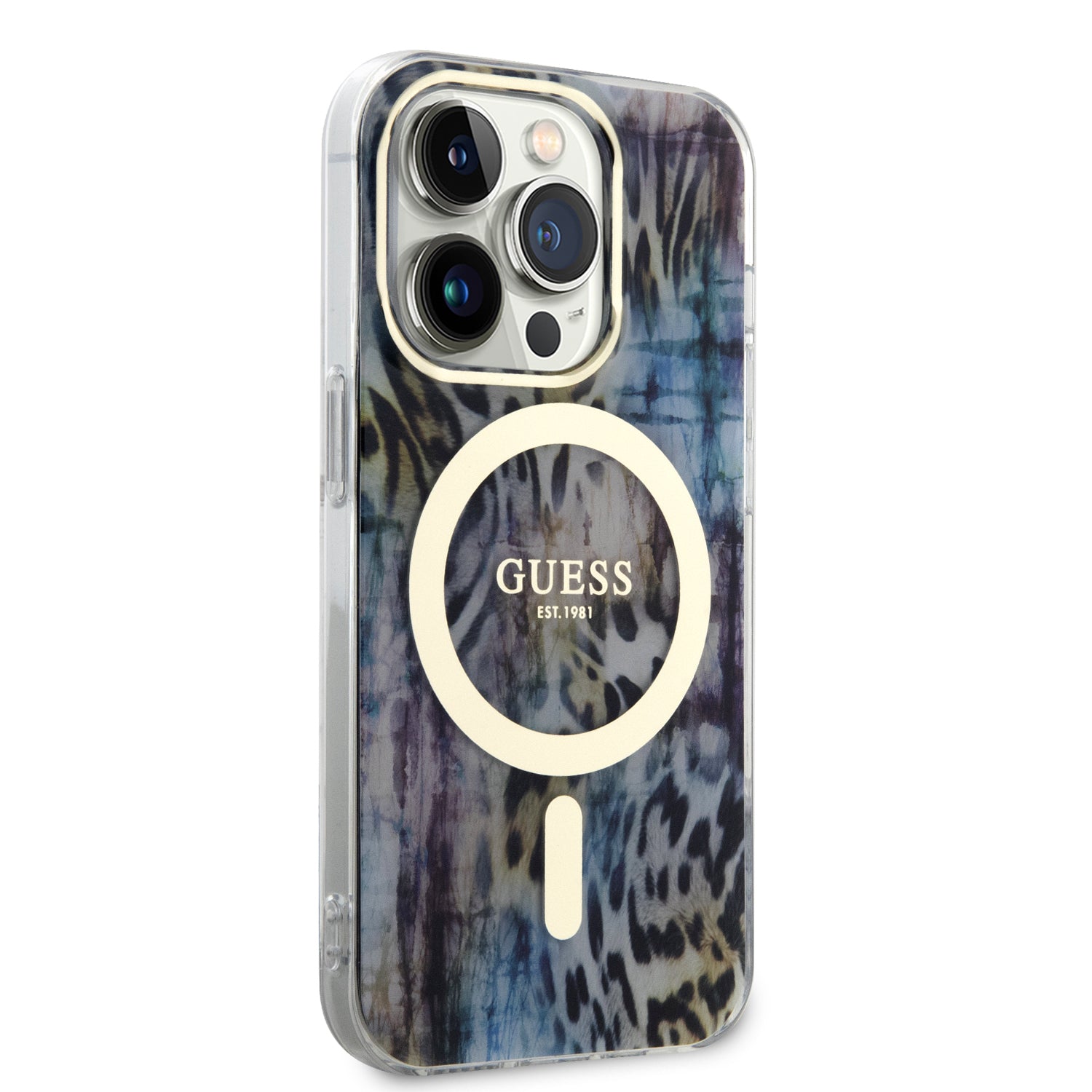 Apple iPhone 14 Pro Max Kılıf Guess Magsafe Şarj Özellikli Leopar Desenli Kapak Mavi