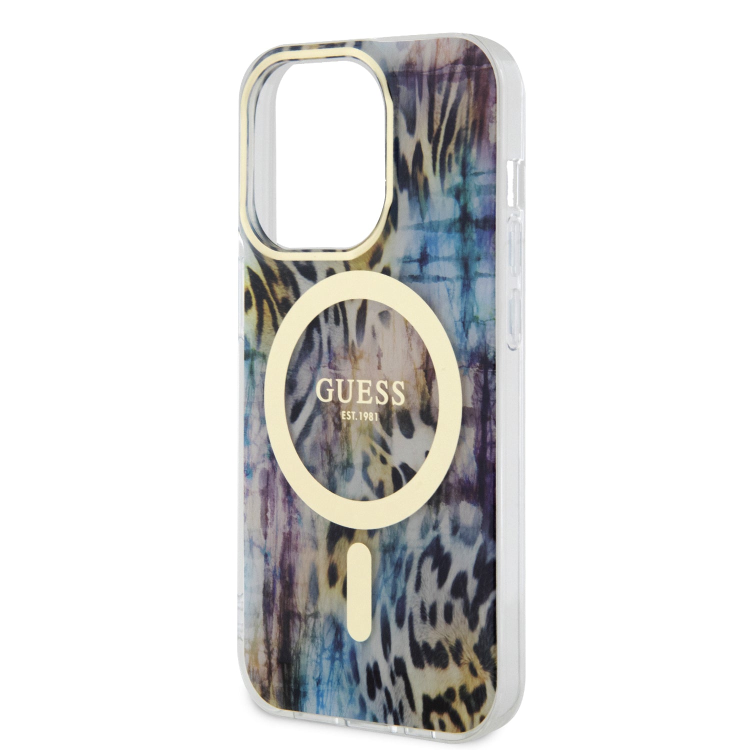 Apple iPhone 14 Pro Max Kılıf Guess Magsafe Şarj Özellikli Leopar Desenli Kapak Mavi