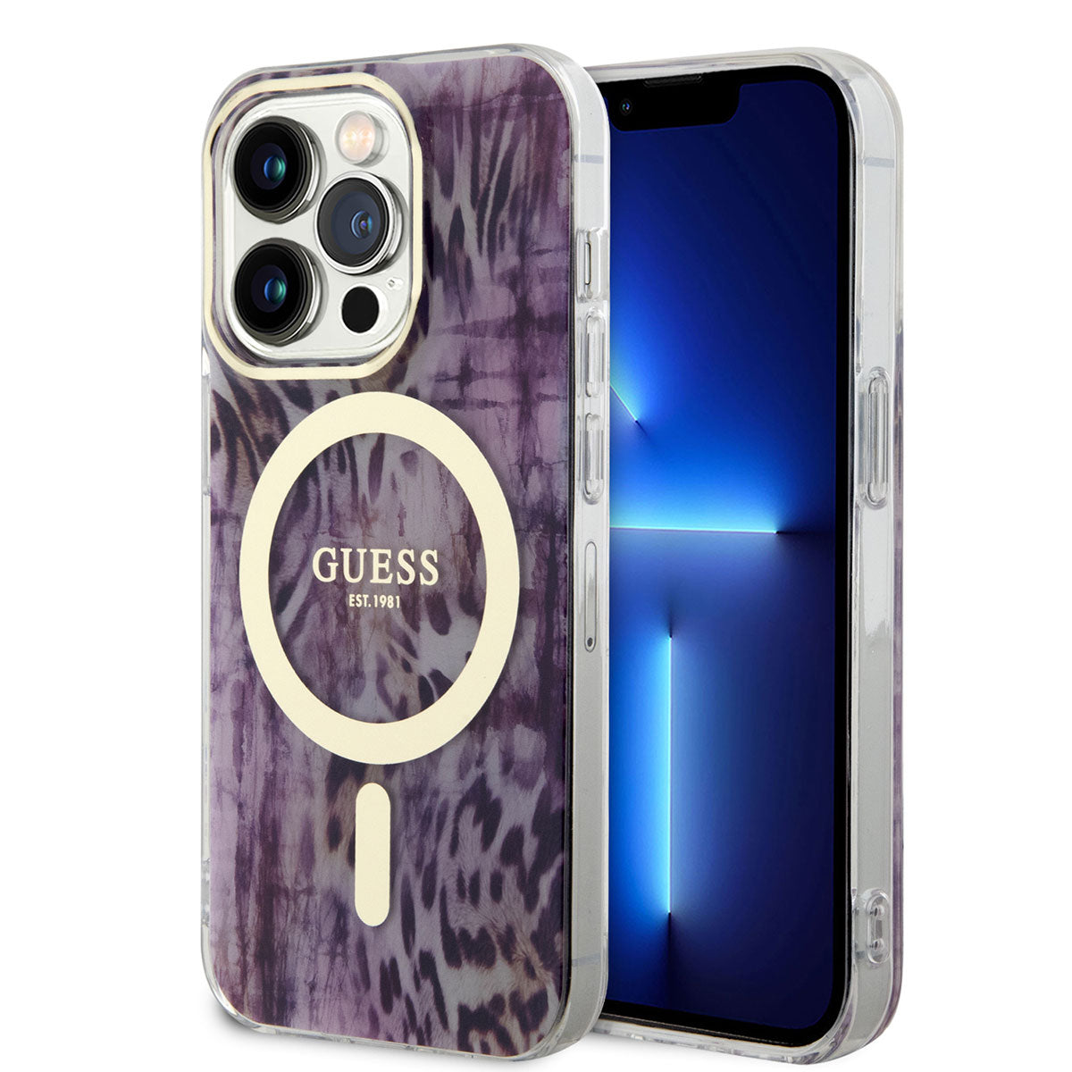 Apple iPhone 14 Pro Kılıf Guess Magsafe Şarj Özellikli Leopar Desenli Kapak Pembe