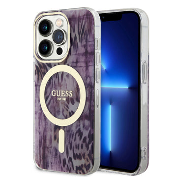 Apple iPhone 14 Pro Kılıf Guess Magsafe Şarj Özellikli Leopar Desenli Kapak Pembe