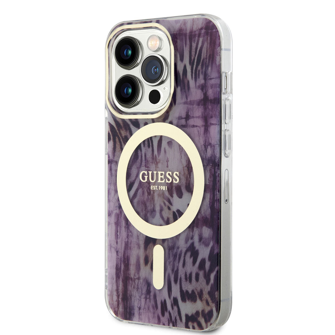 Apple iPhone 14 Pro Kılıf Guess Magsafe Şarj Özellikli Leopar Desenli Kapak Pembe