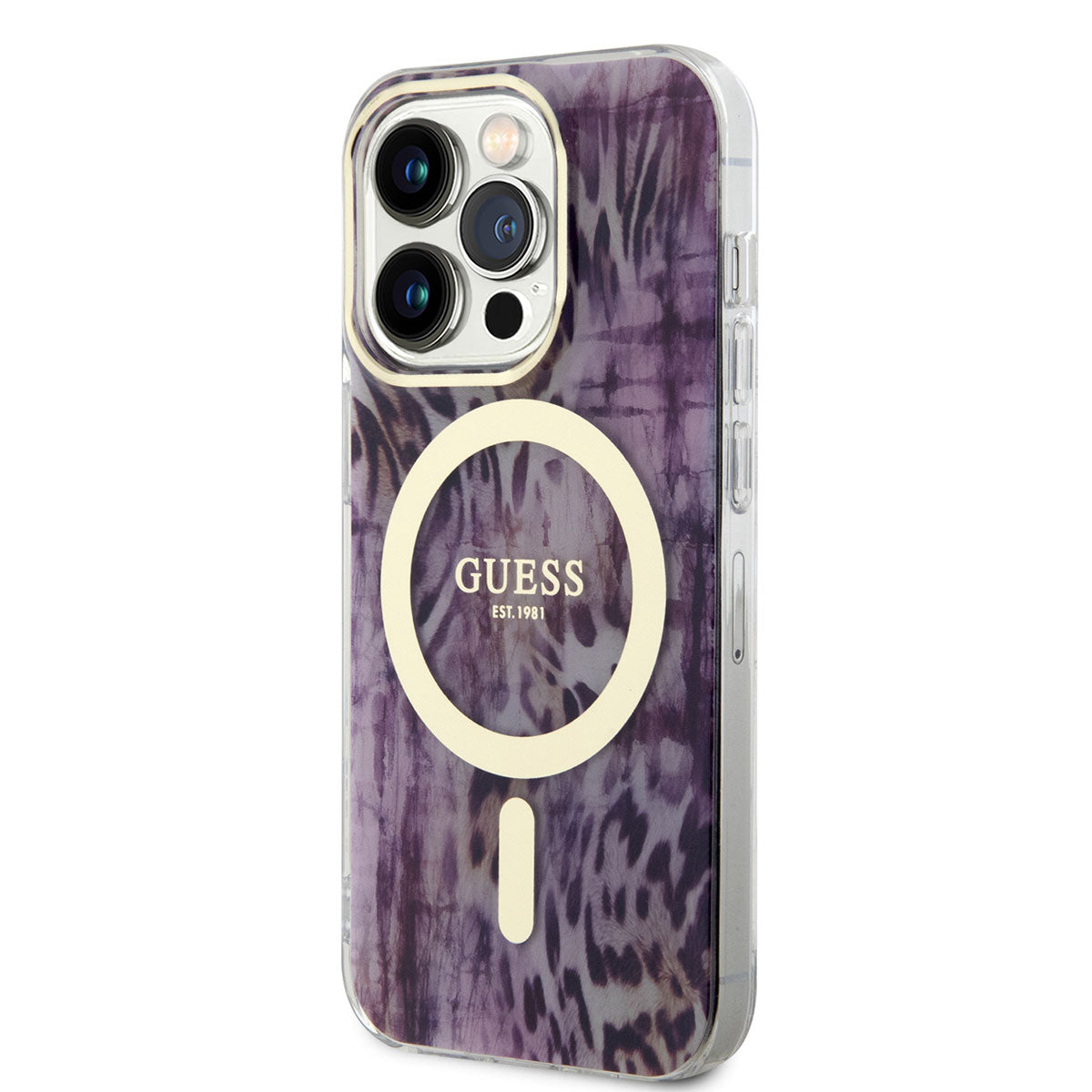 Apple iPhone 14 Pro Kılıf Guess Magsafe Şarj Özellikli Leopar Desenli Kapak Pembe