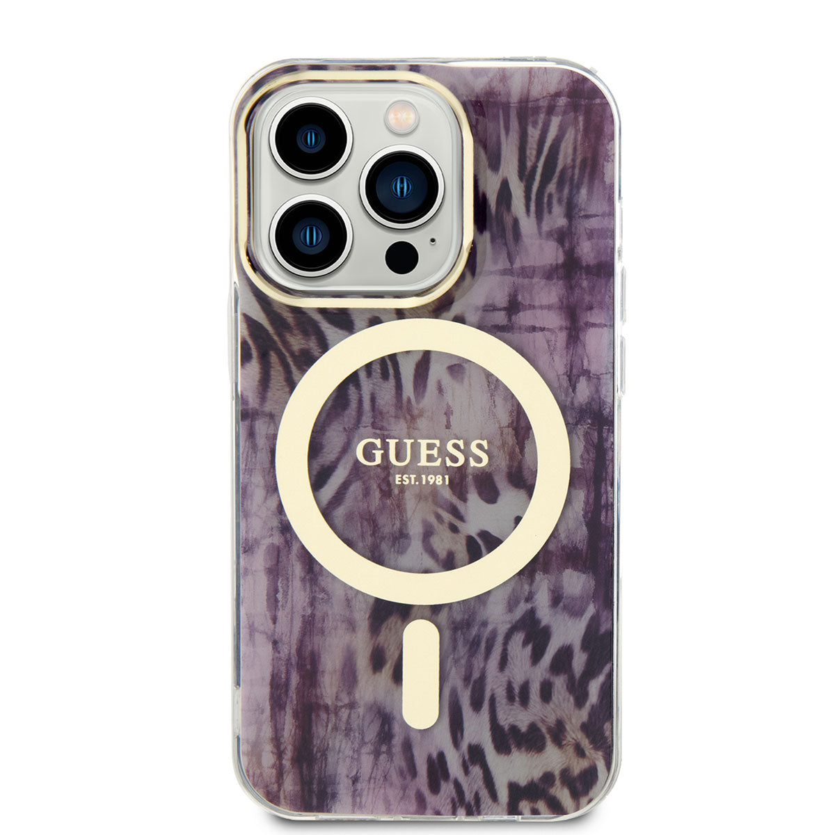 Apple iPhone 14 Pro Kılıf Guess Magsafe Şarj Özellikli Leopar Desenli Kapak Pembe