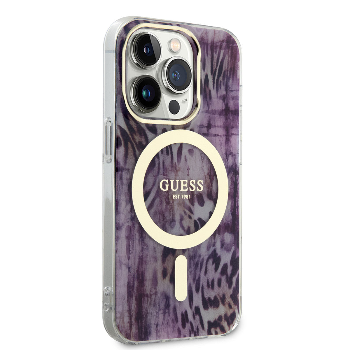 Apple iPhone 14 Pro Kılıf Guess Magsafe Şarj Özellikli Leopar Desenli Kapak Pembe