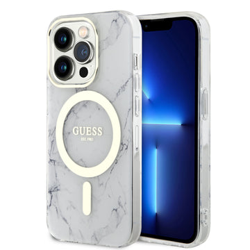 Apple iPhone 14 Pro Kılıf Guess Magsafe Şarj Özellikli Mermer Desenli Kapak Beyaz