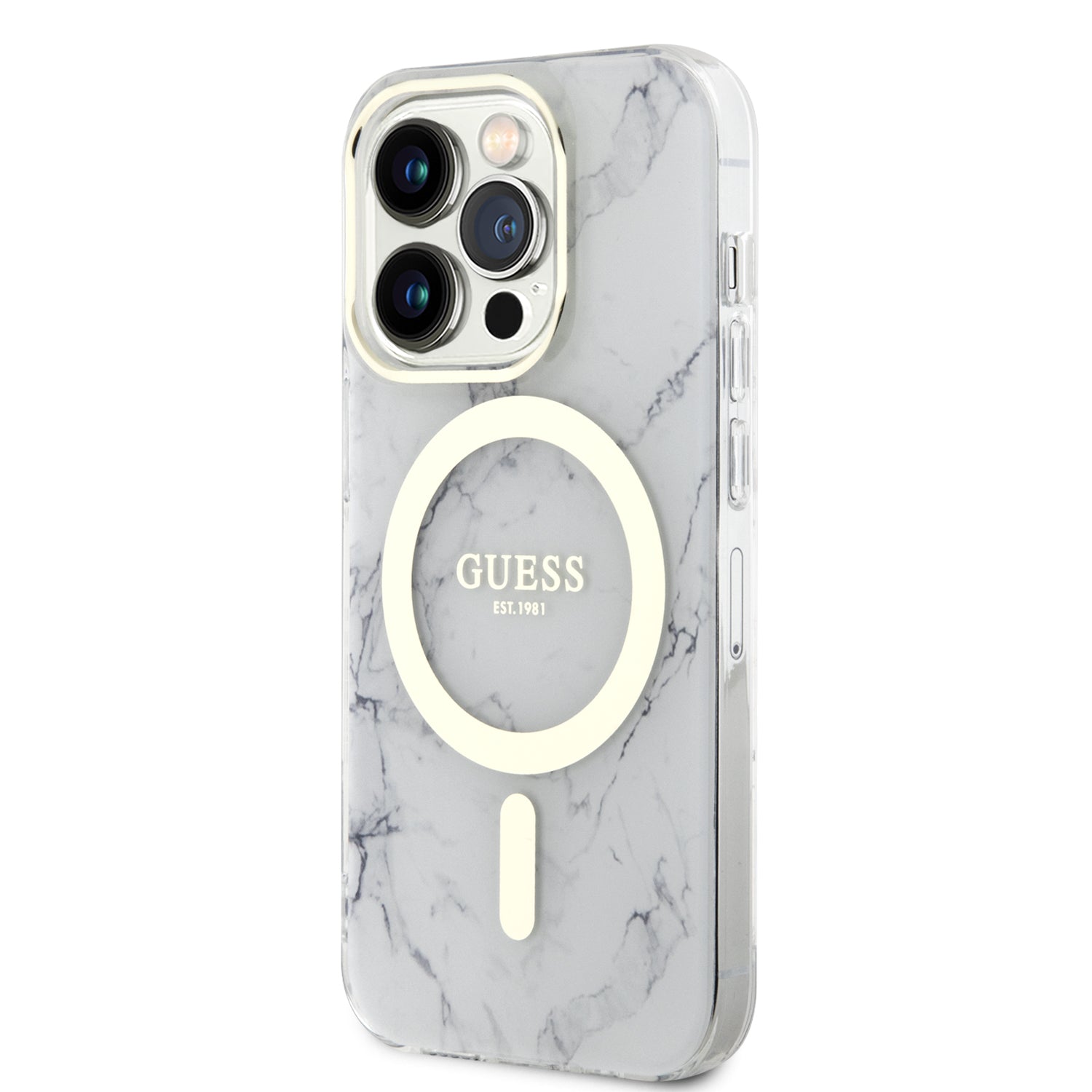 Apple iPhone 14 Pro Kılıf Guess Magsafe Şarj Özellikli Mermer Desenli Kapak Beyaz