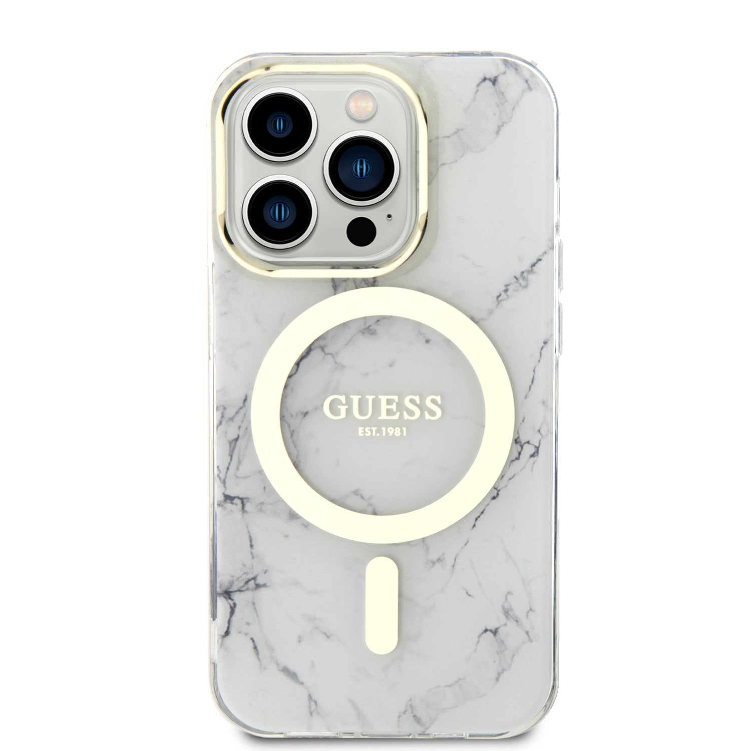 Apple iPhone 14 Pro Kılıf Guess Magsafe Şarj Özellikli Mermer Desenli Kapak Beyaz